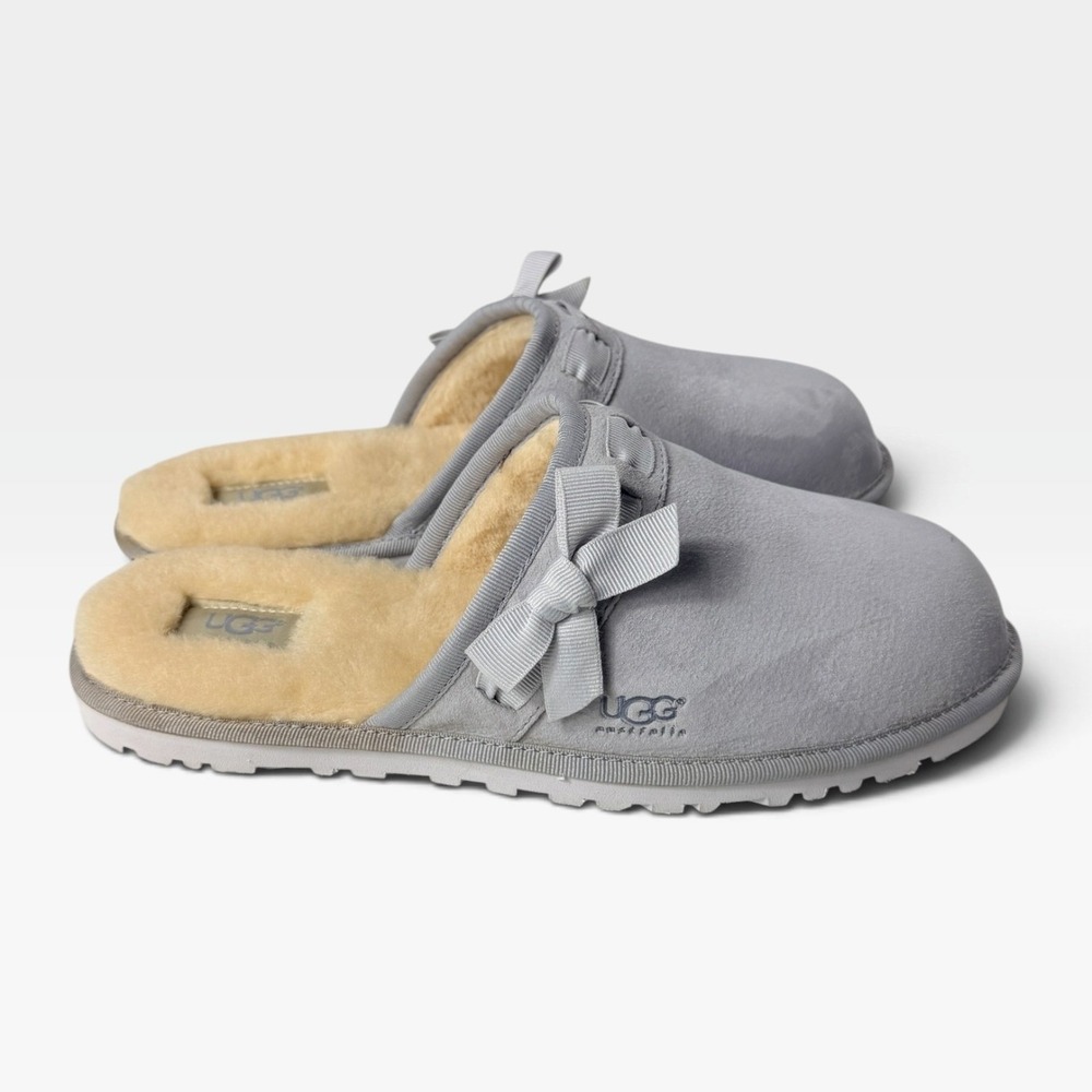 UGG Nala Clog Suede Slippers Womens 10 Grey Bow Ribbon Sheepskin 1005523 EX